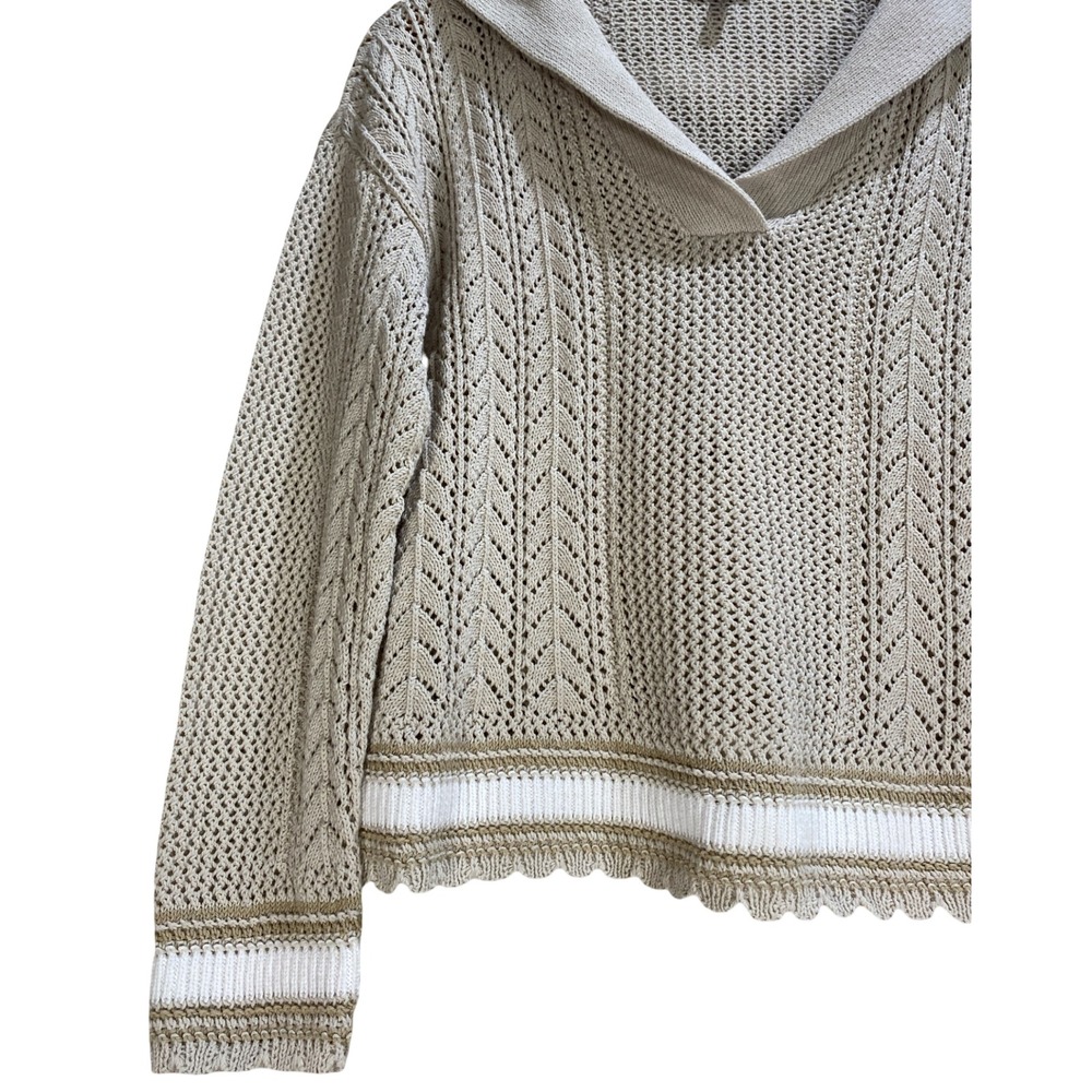 Talbots M Petite Beige Pointelle Sailor Collar Sweater Scalloped Hem‎ Neutral - Picture 4 of 10